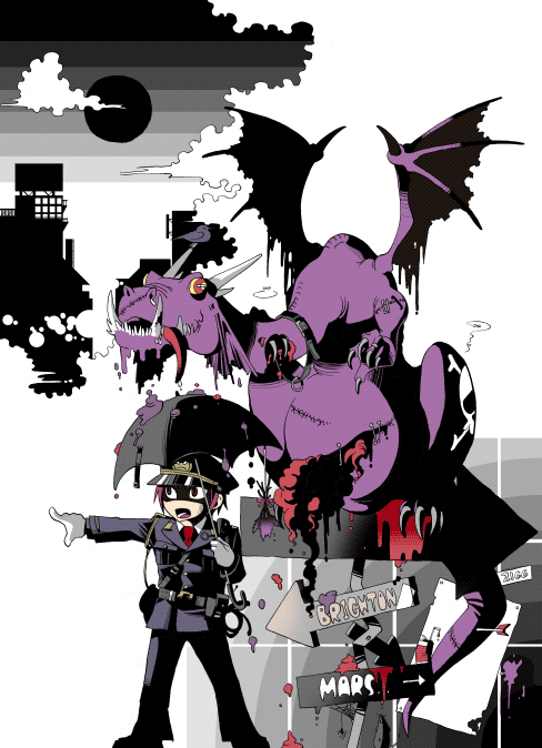 black_moon blood building city claws cloud clouds dragon dragon_wings entrails fang gloves hat horns kouhei_(earthling) monster moon necktie no_nose open_mouth organs original pointing police police_hat purple_hair scar sign skull_and_crossbones stitches tail umbrella western_dragon wings zombie