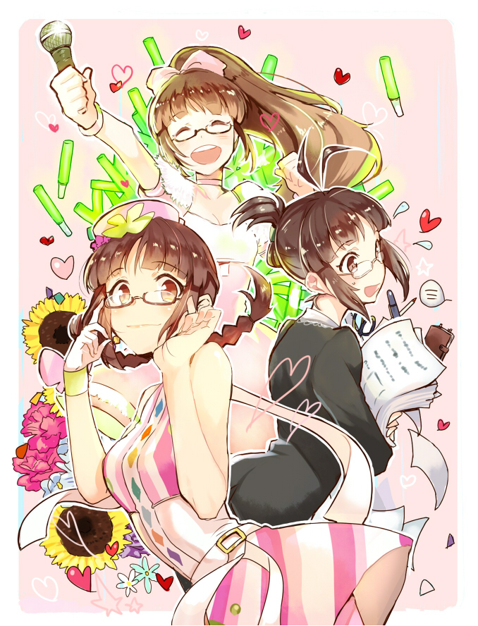 bad_id bow braid brown_hair choker cotoro56 flower flying_sweatdrops glasses hair_bow happy hat heart idolmaster marker nanairo_button_(costume) paper semi-rimless_glasses semi-rimmed_glasses smile stationery striped twin_braids