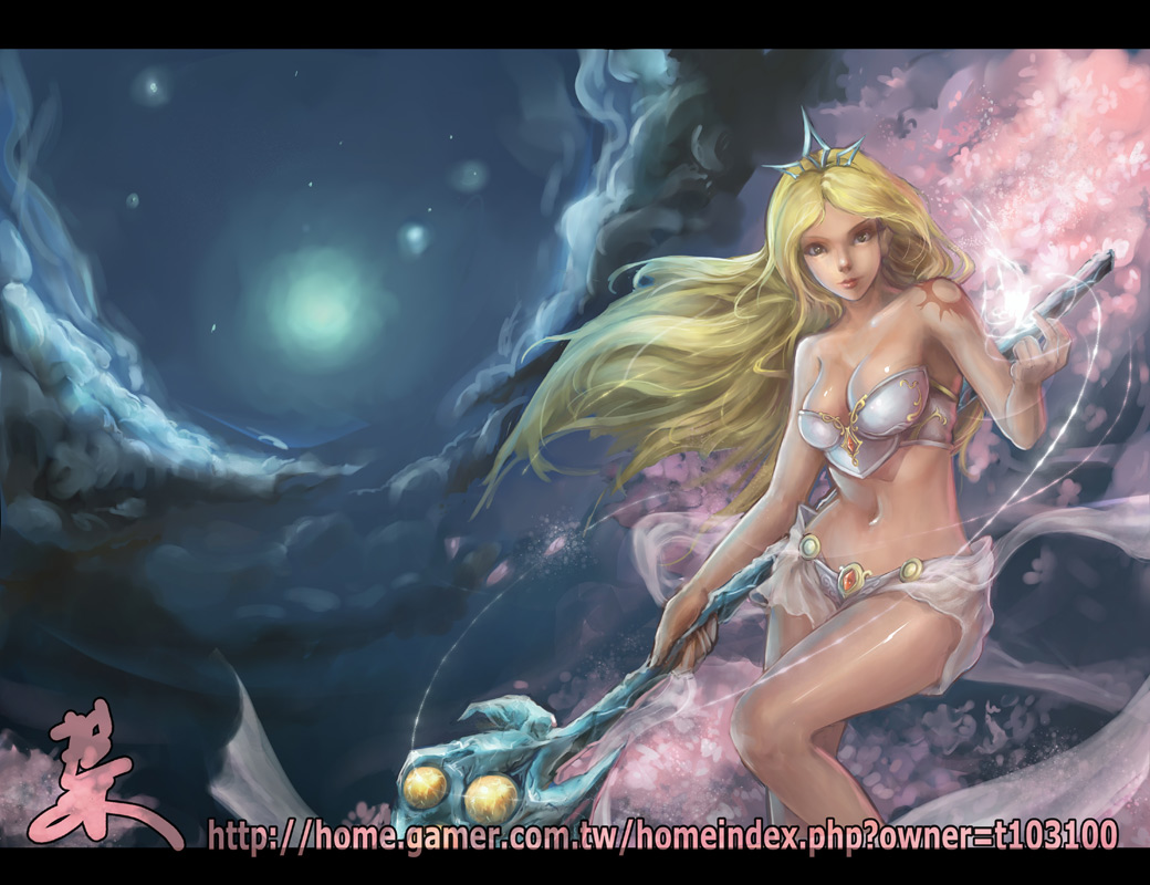 bikini blonde_hair breasts bustier cherry_blossoms cleavage cloud clouds foliage janna_windforce league_of_legends long_hair magic navel petals ribbon shiny shiny_skin solo staff swimsuit tiara