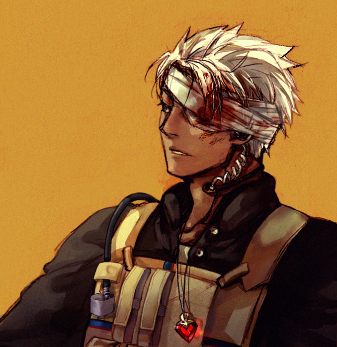 archer bandage bandages blood crimo dark_skin eyepatch fate/stay_night fate_(series) grey_eyes jewelry male military military_uniform necklace solo uniform vest white_hair