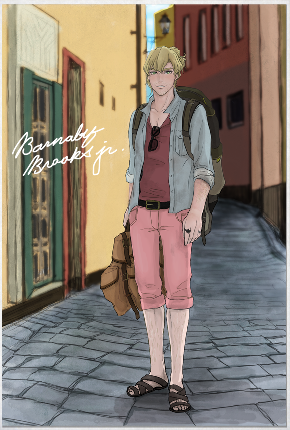 backpack bag barnaby_brooks_jr blonde_hair blue_jacket capri_pants denim denim_jacket green_eyes jacket jewelry male ponytail ring sandals short_ponytail solo tiger_&amp;_bunny yasucaflex