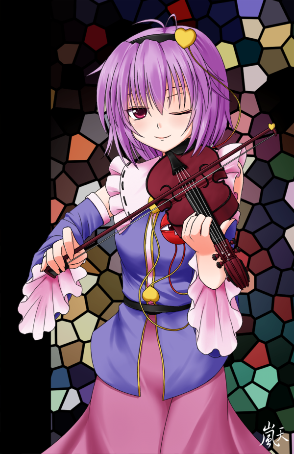 chien_zero detached_sleeves eyeball hairband heart instrument komeiji_satori ourobunny playing_instrument purple_eyes short_hair skirt smile solo stained_glass third_eye touhou violet_eyes violin wink