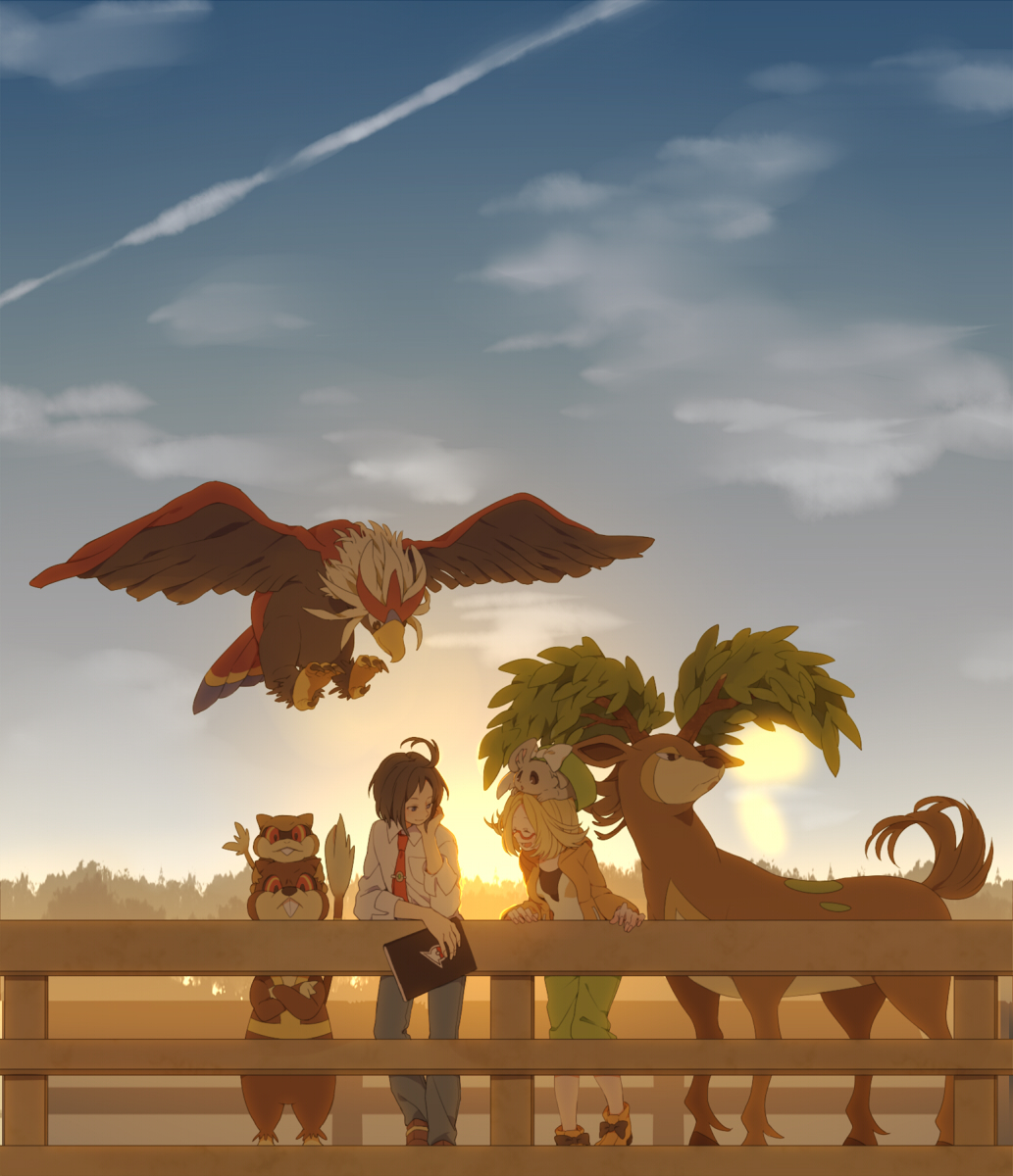 1boy 1girl bel_(pokemon) black_hair blonde_hair book braviary cheren_(pokemon) chin_rest cloud clouds glasses hat highres komasawa_(fmn-ppp) minccino necktie on_head patrat pokemon pokemon_(creature) pokemon_(game) pokemon_bw2 sawsbuck sky sunrise watchog