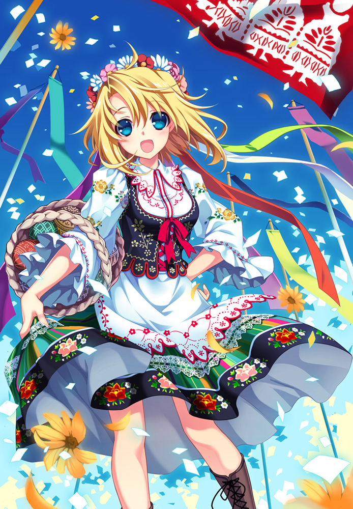 apron basket blonde_hair blue_eyes blue_sky boots confetti cross-laced_footwear dress easter easter_egg flag floral_print flower hair_flower hair_ornament hand_on_hip head_wreath hips long_sleeves open_mouth original petals riv shirt short_hair skirt sky smile solo traditional_clothes vest waist_apron wide_sleeves wind wind_lift