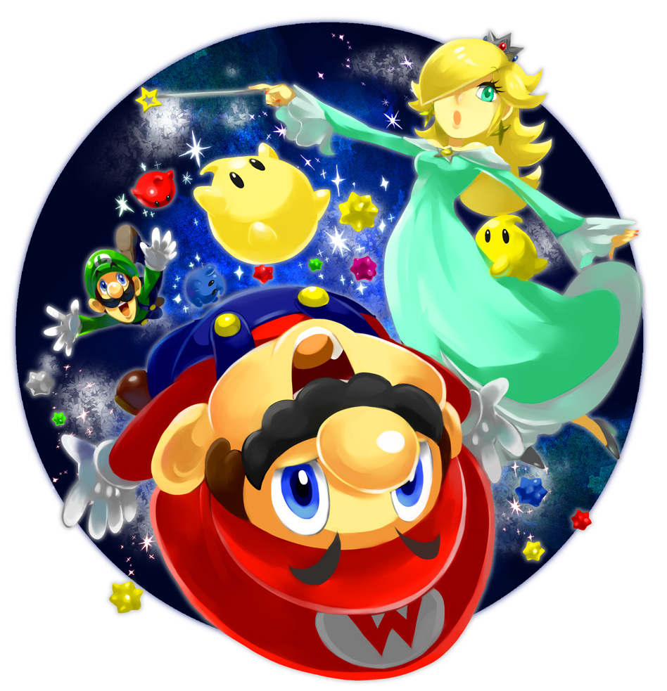 2boys :d :o aqua_eyes blonde_hair blue_eyes dress earrings facial_hair flying gloves hair_over_one_eye hat high_heels jewelry long_hair luigi luma mario mikami multiple_boys mustache nail_polish open_mouth outer_space overalls pumps rosalina rosalina_(mario) shoes side_burns smile space star star_(sky) star_bit starbits super_mario_bros. super_mario_galaxy upside-down wand