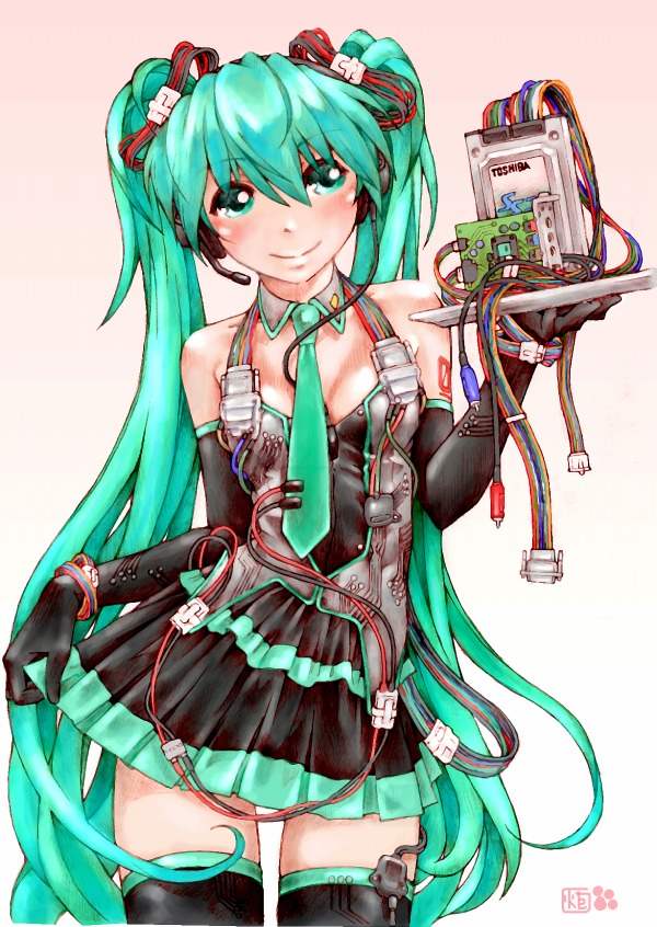 elbow_gloves gloves green_eyes green_hair hatsune_miku headset kotatsu-spirit long_hair necktie skirt skirt_hold smile solo thigh-highs thighhighs try twintails very_long_hair vocaloid