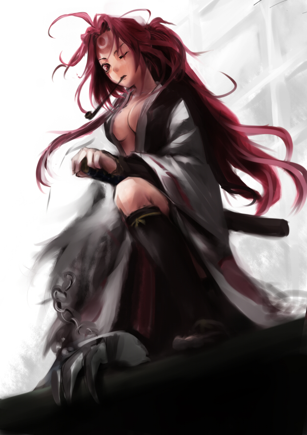 1girl amputee baiken breasts chain claw_(weapon) cleavage facial_mark facial_tattoo forehead_mark goichi greaves guilty_gear japanese_clothes kataginu katana kimono large_breasts long_hair one-eyed open_kimono pink_eyes pink_hair pipe ponytail scar sheath sheathed solo sword tattoo very_long_hair weapon