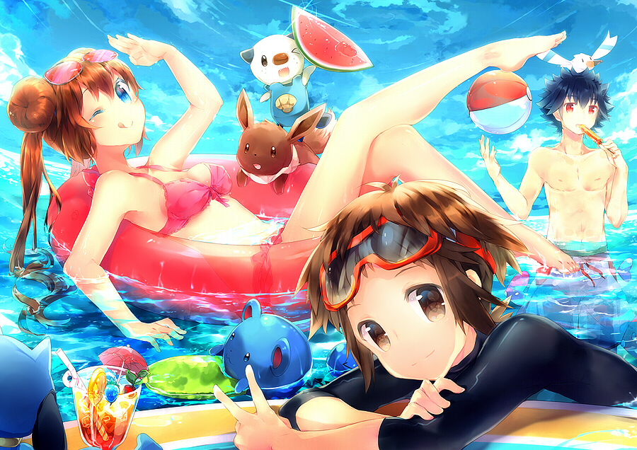 1girl 2boys ;q ball barefoot beachball bikini black_hair blue_eyes breasts brown_eyes brown_hair creature double_bun drink eevee feet female_protagonist_(pokemon_bw2) fisheye frilled_bikini frills front-tie_top goggles goggles_on_head hue_(pokemon) innertube kyouhei_(pokemon) leg_up long_hair male_protagonist_(pokemon_bw2) marill mei_(pokemon) multiple_boys namie-kun oshawott partially_submerged poke_ball pokemon pokemon_(creature) pokemon_(game) pokemon_bw2 red_eyes riolu rival_(pokemon_bw2) salute shell short_hair sky smile sunglasses sunglasses_on_head swim_trunks swimsuit tail tongue twintails v wading water wetsuit wingull wink