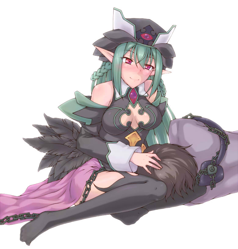 1girl aqua_hair bare_shoulders blush braid breasts chain chains cleavage_cutout dark_priest demon_girl demon_tail feathers hat lap_pillow long_hair monster_girl monster_girl_encyclopedia nad_avalanche nun pointy_ears red_eyes sasha_formoon shiramine_nadare sitting smile tail thigh-highs thighhighs