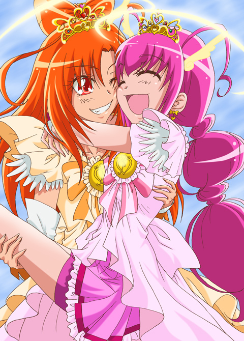 bike_shorts blush boots carrying cheek-to-cheek cheek_to_cheek choker closed_eyes cure_happy cure_sunny dress eyes_closed gke1avg grin head_wings hino_akane hoshizora_miyuki hug long_hair magical_girl multiple_girls neck_hug orange_eyes orange_hair pink_hair precure princess_carry princess_form_(smile_precure!) shorts_under_skirt skirt smile smile_precure! tiara twintails wink