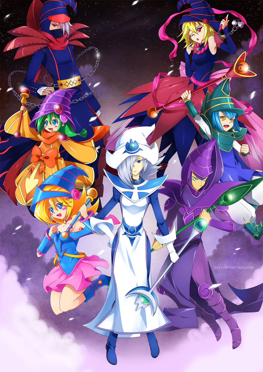4girls :d aqua_eyes artrica blonde_hair blue_eyes blue_hair blush_stickers boots bow card_ejector chain chains dark_magician dark_magician_girl detached_sleeves duel_monster female gagaga_girl gagaga_magician gloves green_hair hair_over_one_eye hand_on_hip hat highres hips jumping long_hair male miracle_flipper multiple_boys multiple_girls open_mouth purple_eyes red_eyes silent_magician silver_hair smile staff star_(sky) teeth violet_eyes wand witch_hat wizard_hat yu-gi-oh! yuu-gi-ou yuu-gi-ou_duel_monsters yuu-gi-ou_zexal