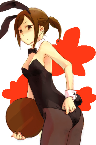 animal_ears armpits ass bangs bare_shoulders black_legwear bowtie breasts brown_eyes brown_hair bunny_costume bunny_ears bunny_tail bunnysuit detached_collar detached_sleeve frown holding hoshigaki_(kyuukp) pantyhose ponytail rabbit_ears sekaiju_no_meikyuu sekaiju_no_meikyuu_3 shogun_(sekaiju) short_hair standing swept_bangs tail wrist_cuffs