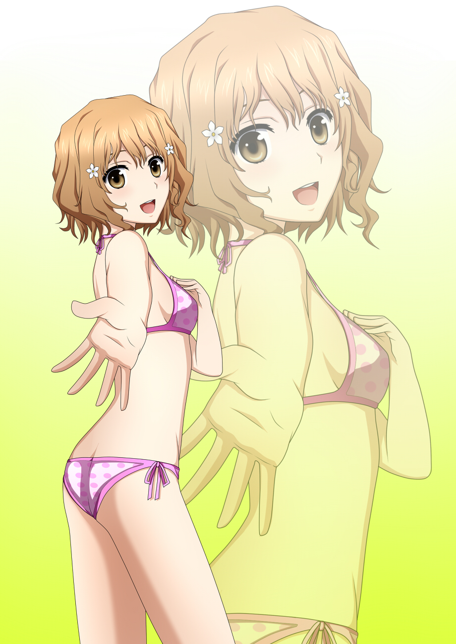bangs bare_shoulders bikini blush breasts brown_eyes brown_hair butt_crack flower gradient gradient_background hair_flower hair_ornament hanasaku_iroha hand_on_own_chest highres kenken looking_at_viewer matsumae_ohana open_mouth outstretched_arm outstretched_hand polka_dot polka_dot_bikini polka_dot_swimsuit short_hair side-tie_bikini sideboob smile solo standing swimsuit zoom_layer