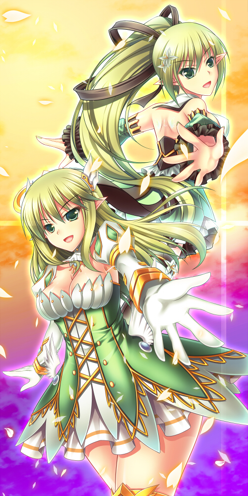 detached_sleeves dual_persona elsword green_eyes green_hair kirara0831 long_hair looking_back nail_polish outstretched_arms outstretched_hand pointy_ears ponytail rena_(elsword) skirt smile spread_arms tsukimi_kirara