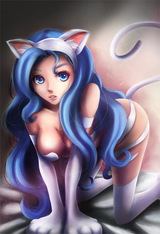 all_fours animal_ears blue_eyes blue_hair breasts capcom cat_ears cat_tail cleavage felicia hairband long_hair looking_at_viewer nobody_studios parted_lips paws solo tail vampire_(game)