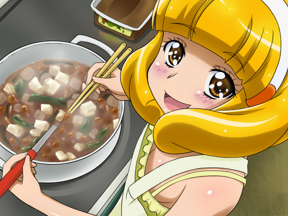 apron bare_shoulders blonde_hair blush chopsticks cooking food hairband kise_yayoi ladle looking_up mameshiba open_mouth pot precure short_hair smile smile_precure! solo yellow_eyes