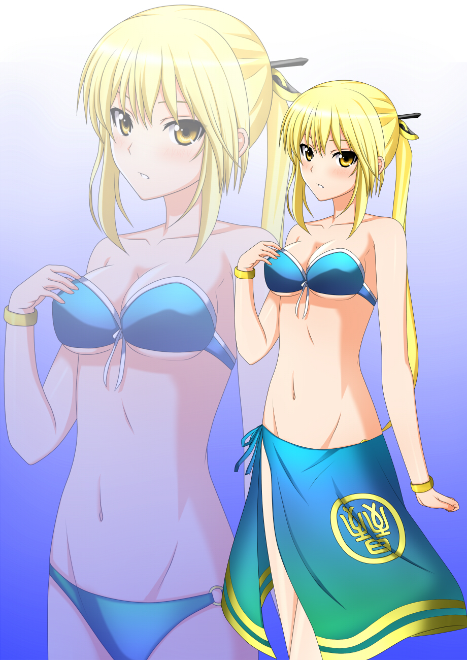 bandeau bare_shoulders bikini blonde_hair blue_bikini blush bracelet breasts cleavage front-tie_top gradient gradient_background hair_stick hand_on_own_chest highres jewelry kenken large_breasts long_hair looking_at_viewer mound_of_venus navel o-ring_bottom open_mouth ponytail sarong shin_sangoku_musou standing swimsuit wang_yuanji yellow_eyes zoom_layer