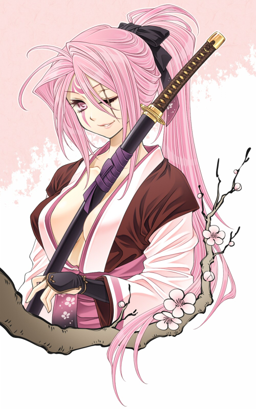 1girl amputee baiken between_breasts bibyo bow branch breasts eyelashes facial_tattoo flower guilty_gear hair_bow japanese_clothes kataginu katana kimono kote large_breasts lips long_hair obi one-eyed pink_eyes pink_hair ponytail scar smile solo sword tattoo weapon