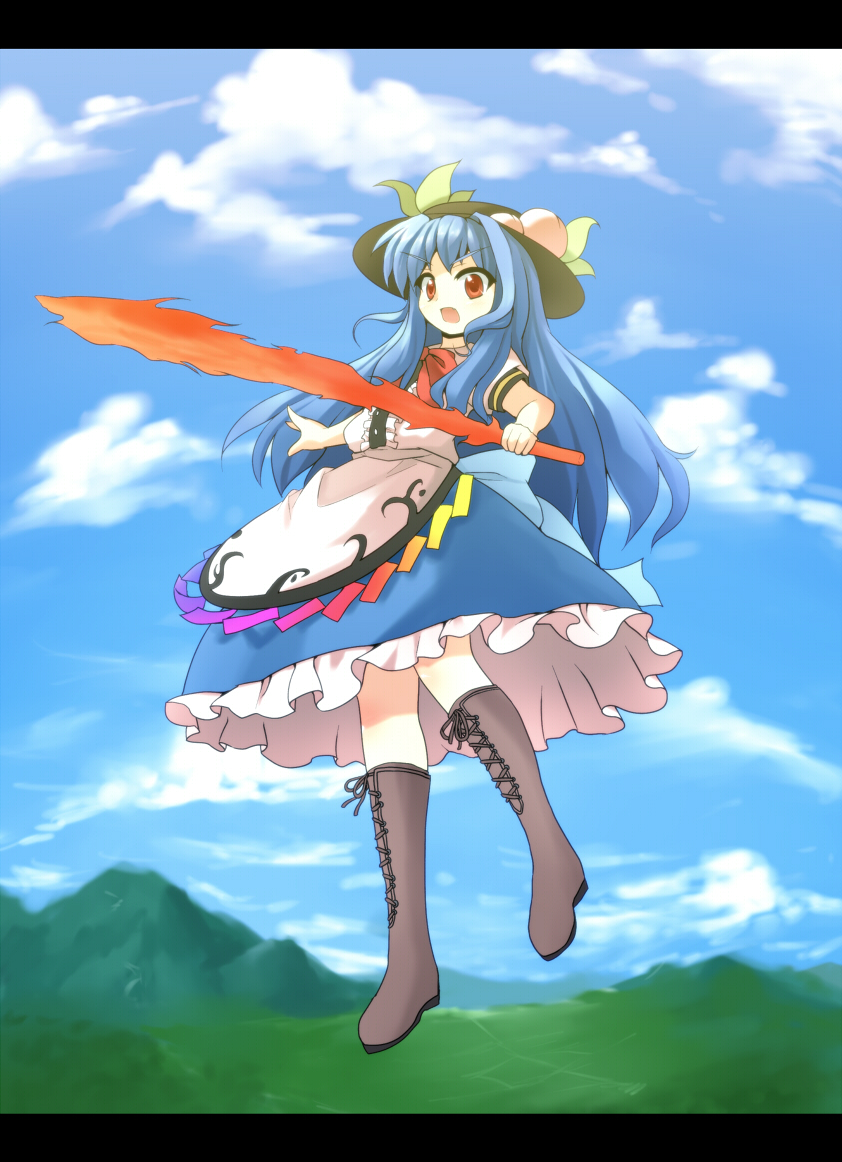 asyura7 blue_hair bow cloud clouds cross-laced_footwear food frills fruit hat hill hinanawi_tenshi leaf long_hair long_skirt mountain open_mouth peach red_eyes short_sleeves skirt sky solo sword sword_of_hisou touhou very_long_hair weapon