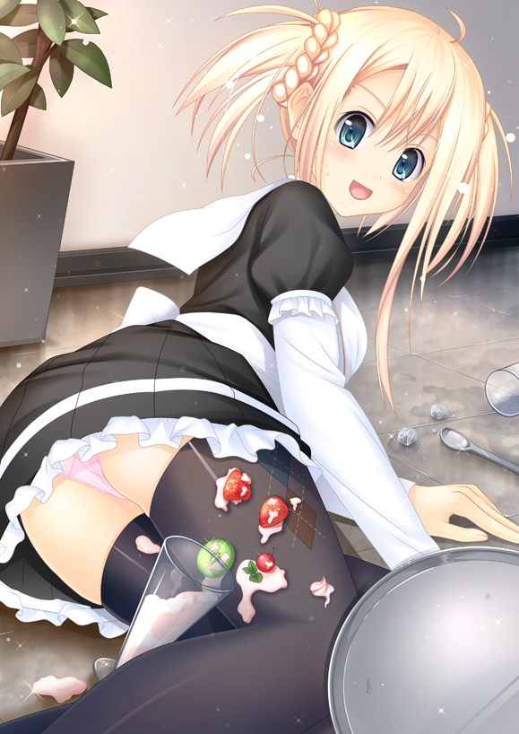 :d ahoge aqua_eyes argyle black_legwear blonde_hair blue_eyes blush cherry cream cup fallen_down food food_on_clothes fruit fuyu_urara glass ice_cube lying maid on_side open_mouth original panties pantyshot pink_panties smile solo spoon strawberry thigh-highs thighhighs tray twintails underwear waitress water