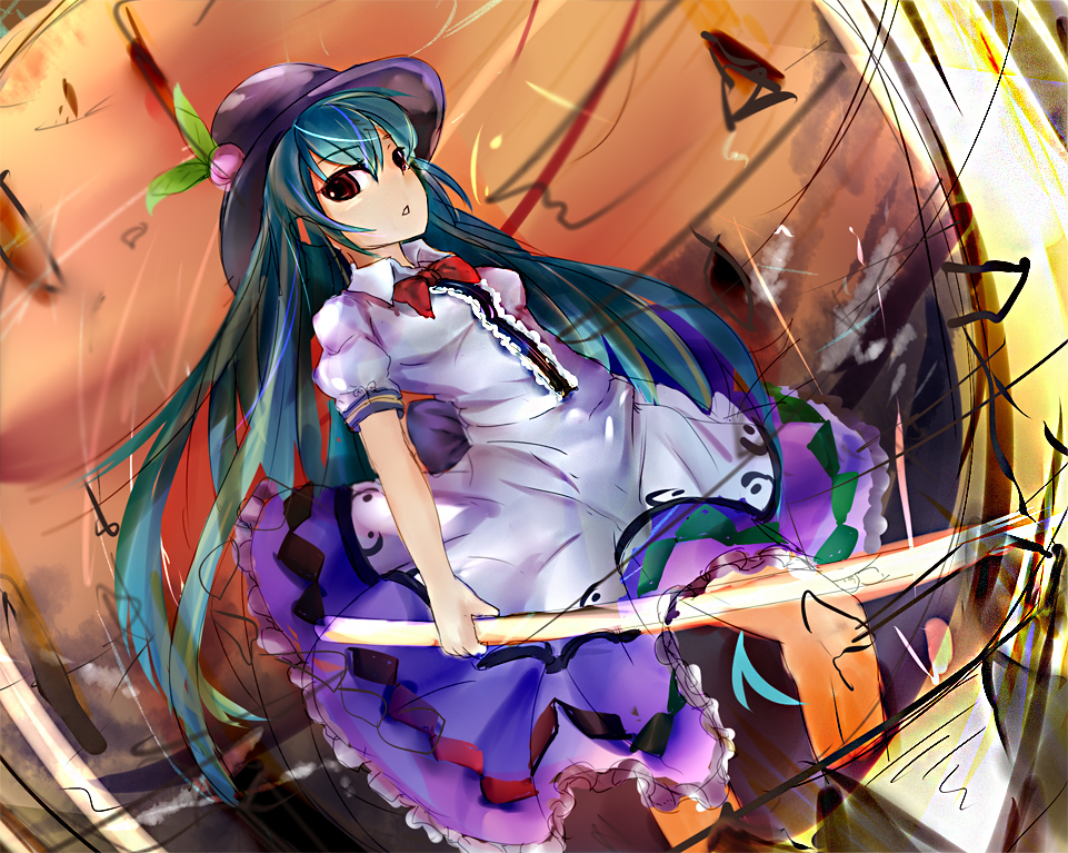 bow dai55593 food frills fruit hat hinanawi_tenshi leaf long_hair long_skirt open_mouth peach red_eyes short_sleeves skirt solo sword sword_of_hisou touhou very_long_hair weapon