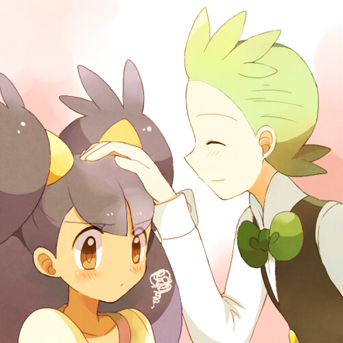 1girl bad_id big_hair blush bowtie brown_eyes closed_eyes dent_(pokemon) eyes_closed green_hair iris_(pokemon) lowres mei_(maysroom) petting pokemon pokemon_(anime) pokemon_(game) pokemon_bw purple_hair two_side_up