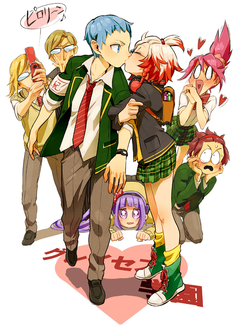 4boys arm_hug asbel_lhant blonde_hair blue_eyes blue_hair blush cellphone cheria_barnes contemporary glasses hairband hubert_ozwell kiss long_hair malik_caesars multicolored_hair multiple_boys multiple_girls necktie open_mouth pascal phone pink_hair pleated_skirt ponytail purple_eyes purple_hair red_hair redhead ribbon richard_(tales_of_graces) short_hair skirt smile sophie_(tales_of_graces) tales_of_(series) tales_of_graces togi9999 two-tone_hair violet_eyes white_hair