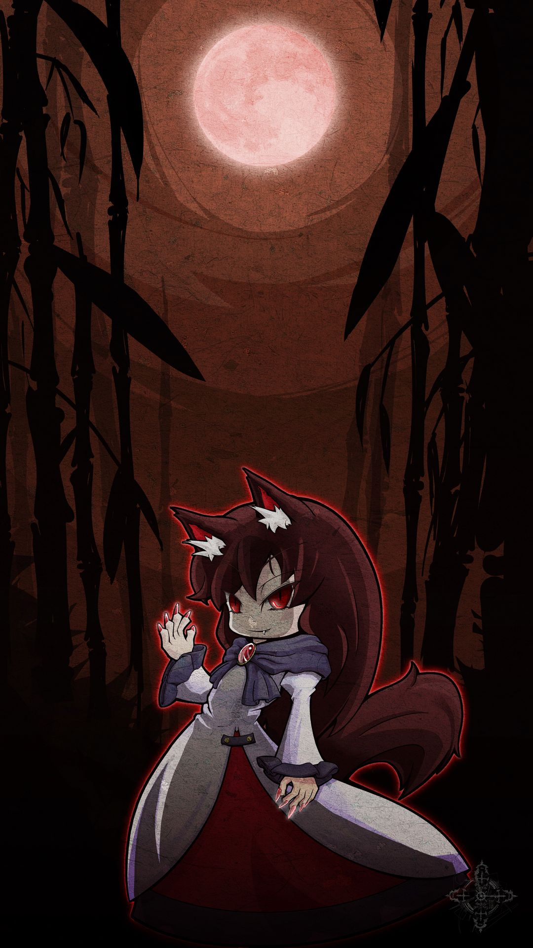 1girl animal_ears aura brooch brown_hair dress fang fingernails full_moon highres imaizumi_kagerou jewelry long_fingernails long_hair long_sleeves moon nj42u6 red_eyes red_moon slit_pupils smile solo tail touhou wide_sleeves wolf_ears wolf_tail