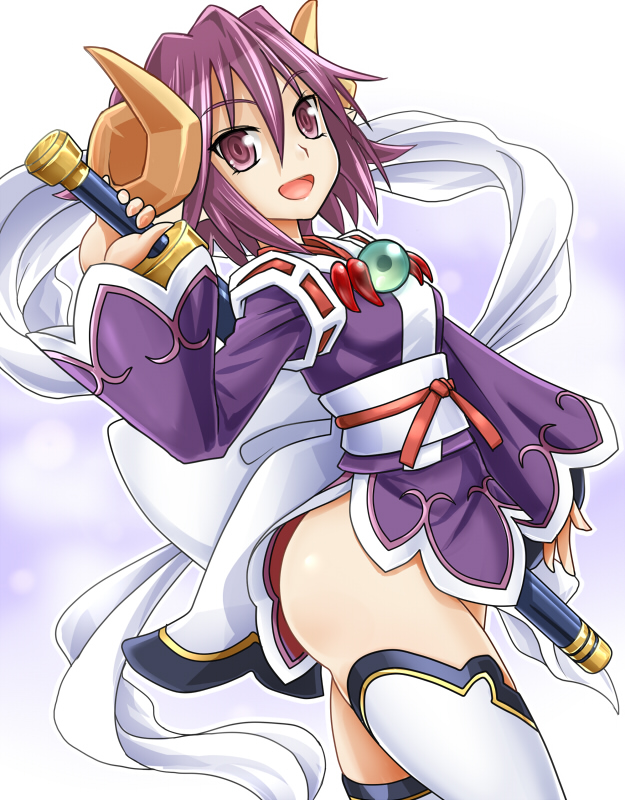 300cm hagoromo happy horns japanese_clothes open_mouth pointy_ears purple_eyes purple_hair seiranken_shion_(shinrabanshou) shawl sheath sheathed shinrabanshou shion_(shinrabanshou) solo sword thigh-highs thighhighs violet_eyes weapon