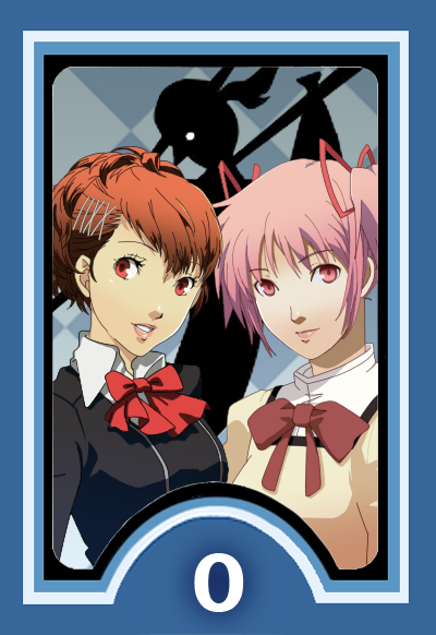 brown_hair crossover dowao female_protagonist_(persona_3) hair_ornament hairclip kaname_madoka lips mahou_shoujo_madoka_magica multiple_girls parody persona persona_3 persona_3_portable pink_eyes pink_hair red_eyes ribbon school_uniform style_parody tarot the_fool_(tarot_card)