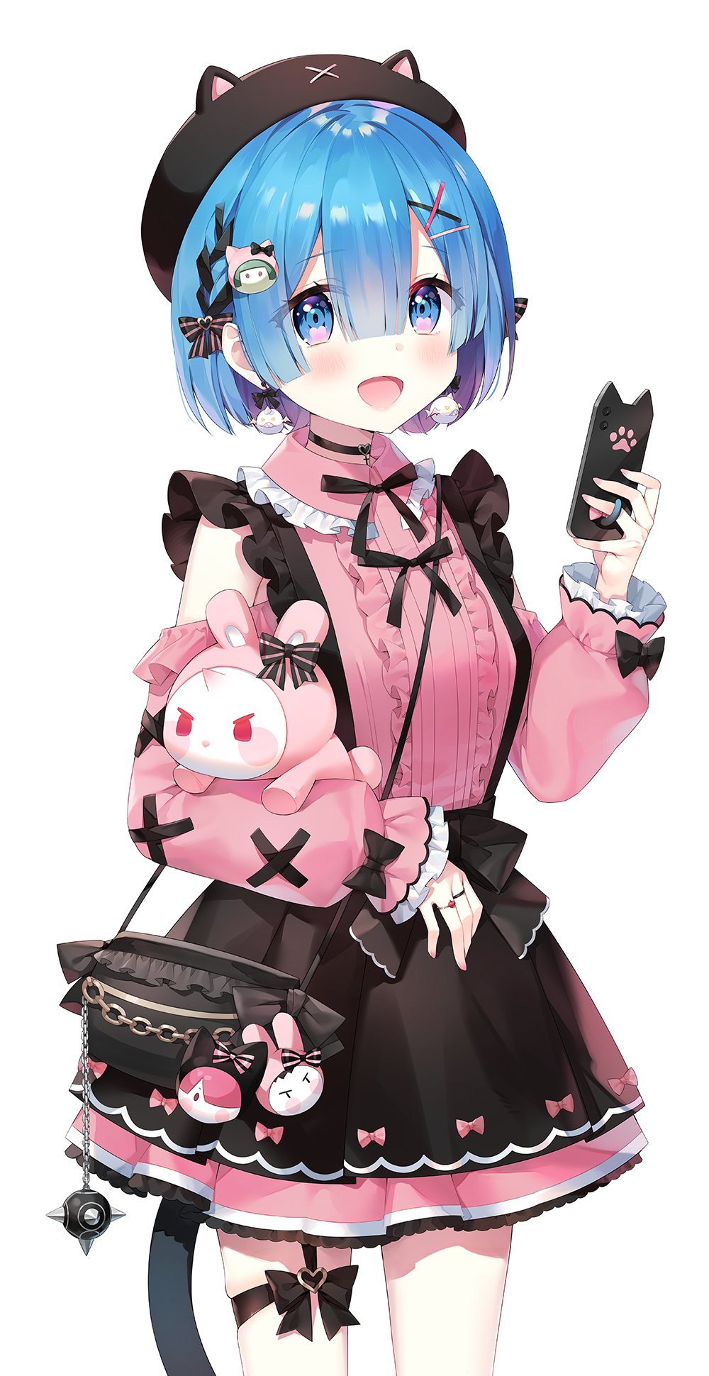 1girl :d alternate_costume animal_ears ayamy bangs black_bag black_bow black_choker black_headwear black_ribbon black_skirt blue_eyes blush bow breasts cat_ears center_frills choker cowboy_shot detached_sleeves eyebrows_visible_through_hair fake_animal_ears frilled_shirt frills grey_background hair_ornament highres holding holding_phone jewelry long_sleeves looking_at_viewer neck_ribbon open_mouth phone pink_shirt re:zero_kara_hajimeru_isekai_seikatsu rem_(re:zero) ribbon ring shirt simple_background skirt smile solo stuffed_toy x_hair_ornament