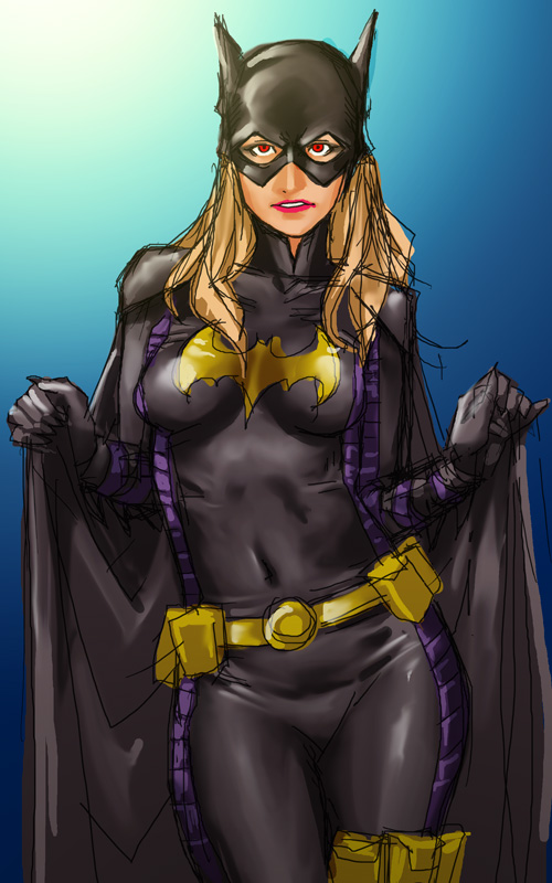 1girl batgirl batman_(series) belt cape clothed_navel dc_comics gloves mask sketch solo stephanie_brown take_(draghignazzo)