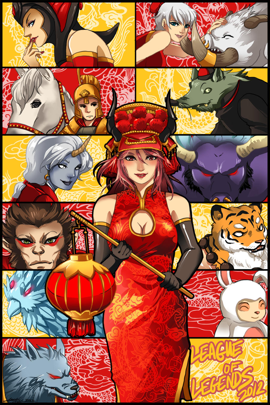 4girls 6+boys alistar alternate_costume anivia annotated armor betrayal-and-wisdom bird blue_eyes boar breasts bristle cassiopeia_du_couteau character_request china_dress chinese_clothes chinese_new_year chinese_zodiac cleavage cleavage_cutout closed_eyes dragon eastern_dragon elbow_gloves finger_to_mouth gloves glowing glowing_eyes grey_hair grey_skin hat helmet highres horn horse lantern league_of_legends lipstick long_hair makeup minotaur monkey multiple_boys multiple_girls nail_polish new_year nose_ring paneled_background paper_lantern rabbit_costume rat red_eyes red_hair redhead sejuani short_hair shyvana smile soraka teemo tiger twitch udyr warwick white_eyes wukong xin_zhao