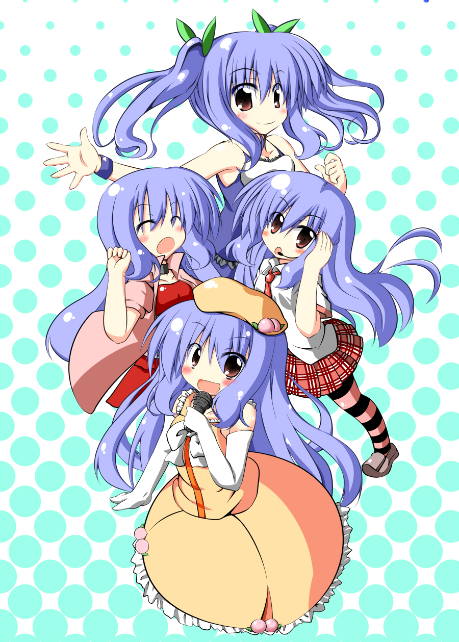 4girls alternate_hairstyle blue_hair blush brown_eyes choker closed_eyes collarbone contemporary eyes_closed food frills fruit gloves hat highres hinanawi_tenshi long_hair long_skirt looking_at_viewer microphone multiple_girls multiple_persona necktie open_mouth peach short_sleeves skirt sleeveless touhou twintails very_long_hair