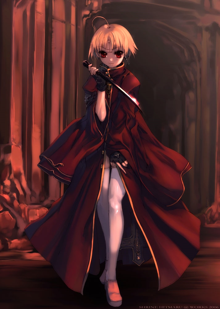 ahoge blonde blonde_hair cloak fingerless_gloves gloves hitomaru jewelry knife nil-eve original red_eyes short_hair smile solo standing thigh-highs thighhighs thighighs weapon