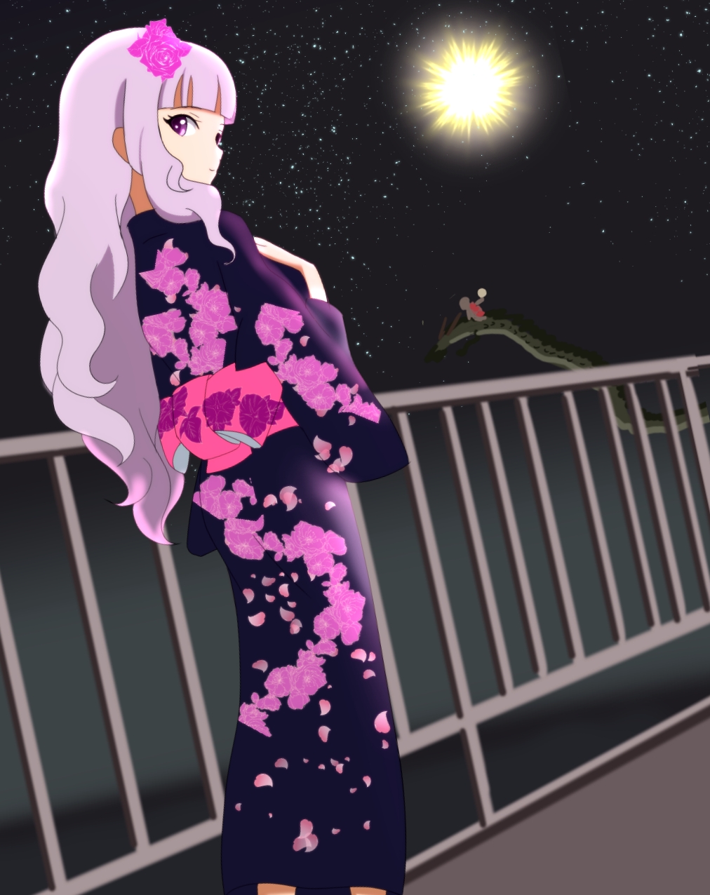 dragon eastern_dragon floral_print flower hair_flower hair_ornament highres idolmaster japanese_clothes kimono looking_back red_eyes shijou_takane silver_hair sky star_(sky) starry_sky takahirokun