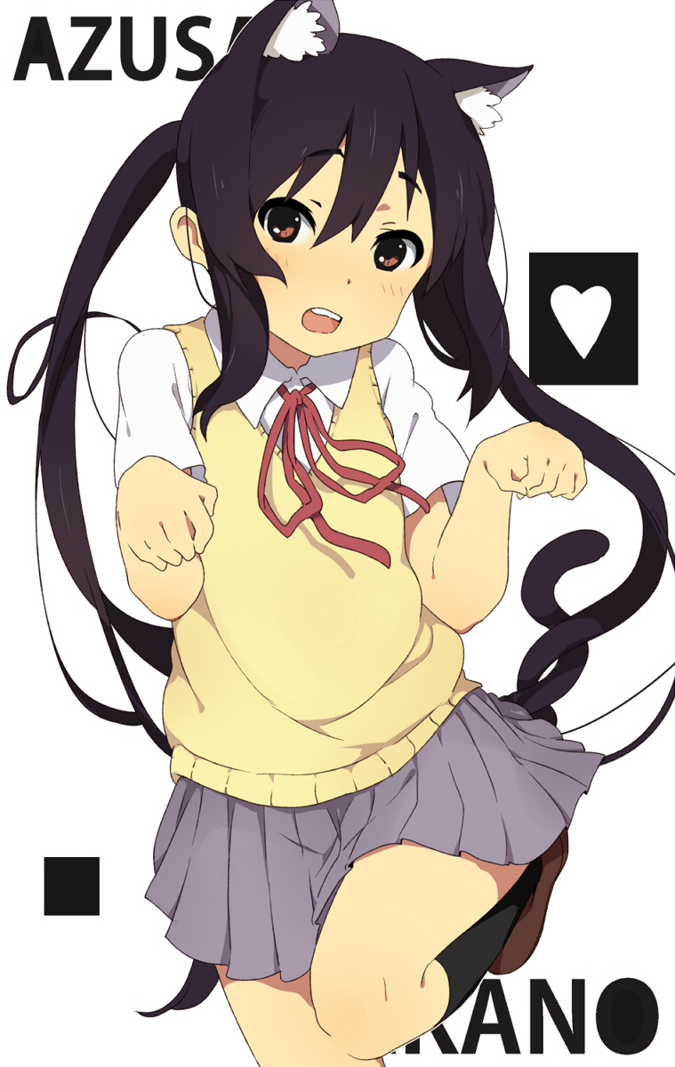 animal_ears bad_id black_hair brown_eyes cat_ears cat_tail heart highres k-on! kemonomimi_mode long_hair looking_at_viewer nakano_azusa ogipote open_mouth paw_pose shirt skirt solo sweater_vest tail twintails vest