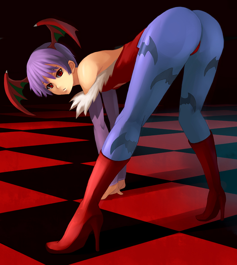 all_fours ass bent_over boots bridal_gauntlets capcom checkered checkered_floor chuppa_(katotsuba) demon_girl head_wings legs lilith_aensland pantyhose print_pantyhose purple_hair red_eyes short_hair solo succubus vampire_(game)