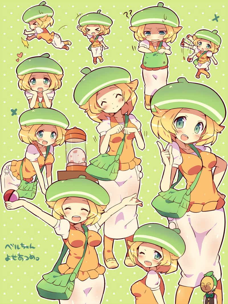 &gt;_&lt; ? \o/ arms_up bag bel_(pokemon) bent_over beret blonde_hair blush bowtie breasts chibi chin_rest closed_eyes collage container dent_(pokemon) egg eyes_closed green_background green_eyes green_hair hands_on_own_cheeks hands_on_own_face happy hat head_tilt heart holding holding_poke_ball index_finger_raised kimoko long_skirt mask motion_lines open_mouth outstretched_arms pantyhose poke_ball pokemon pokemon_(anime) pokemon_(game) pokemon_bw polka_dot polka_dot_background raised_finger short_hair shoulder_bag skirt smile sweat translated translation_request tripping waving wink