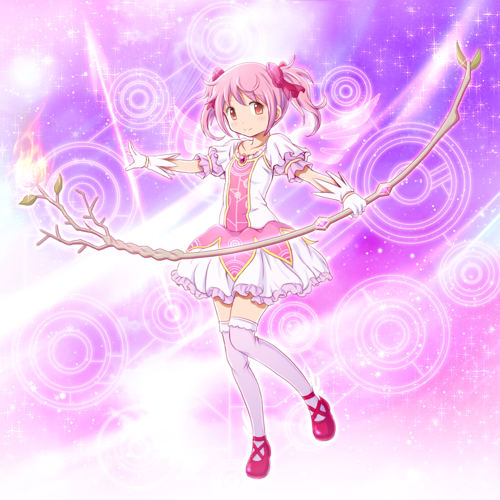 1girl bow bow_(weapon) flower gloves hair_bow kaname_madoka magical_girl mahou_shoujo_madoka_magica pink_eyes pink_hair shian_(my_lonly_life.) short_twintails smile solo sparkle twintails weapon white_gloves wings