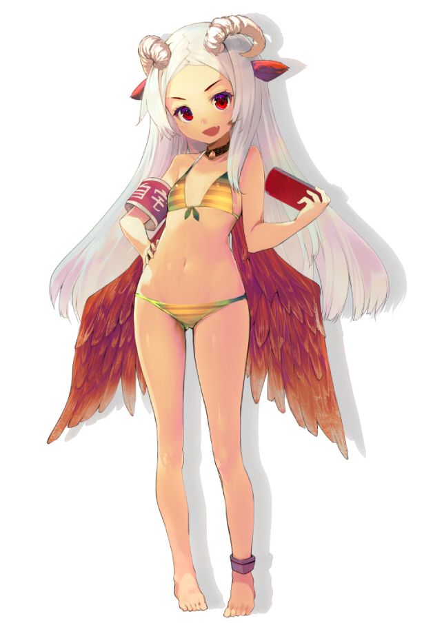 :d armband barefoot bikini choker demon_girl fang hand_on_hip handheld hips horns long_hair looking_at_viewer navel open_mouth original red_eyes shirabi_(life-is-free) simple_background smile solo striped striped_bikini striped_swimsuit succubus swimsuit white_background white_hair wings