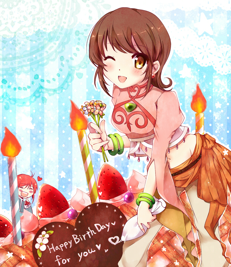 1girl ;d ^_^ akamomo annie_barrs bangle blush bracelet brown_eyes brown_hair cake candle character_request chocolate chocolate_heart closed_eyes eyes_closed flower food fruit happy_birthday heart holding holding_flower jewelry mao_(tor) open_mouth red_hair redhead smile strawberry tales_of_(series) tales_of_rebirth wink