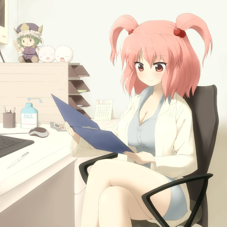 breasts chair character_doll cleavage clipboard computer_keyboard computer_mouse contemporary crossed_legs green_hair hair_bobbles hair_ornament hat holding kedama labcoat large_breasts legs_crossed onozuka_komachi pink_hair rod_of_remorse shikieiki_yamaxanadu sitting solid_oval_eyes solo touhou twintails uhhohho