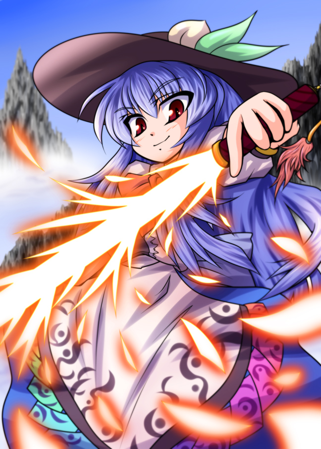 blue_hair bow food fruit fue_(fuef) hat hinanawi_tenshi leaf long_hair long_skirt mountain peach red_eyes skirt smile solo sword sword_of_hisou touhou very_long_hair weapon