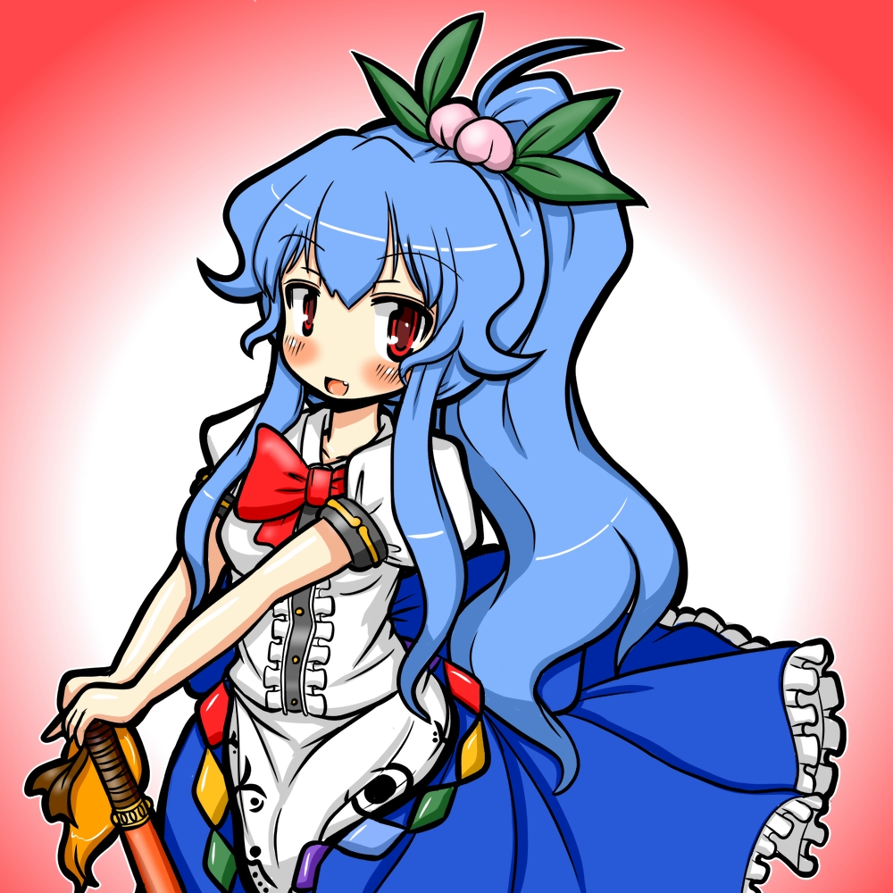 alternate_hairstyle blue_hair blush bow eruru_(erl) eruru_(pixiv356391) fang food frills fruit hair_ornament hands_on_hilt hinanawi_tenshi leaf long_skirt looking_at_viewer no_hat no_headwear open_mouth peach ponytail red_eyes short_sleeves simple_background skirt solo sword sword_of_hisou touhou weapon
