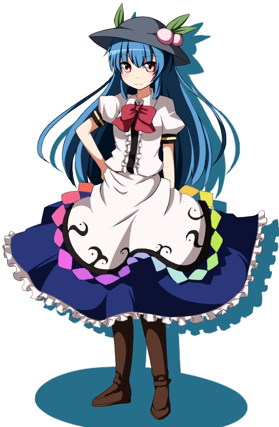 blue_hair blush bow do_(4-rt) fodd food frills fruit hand_on_hip hat hinanawi_tenshi leaf long_hair long_skirt peach short_sleeves simple_background skirt smile solo touhou very_long_hair