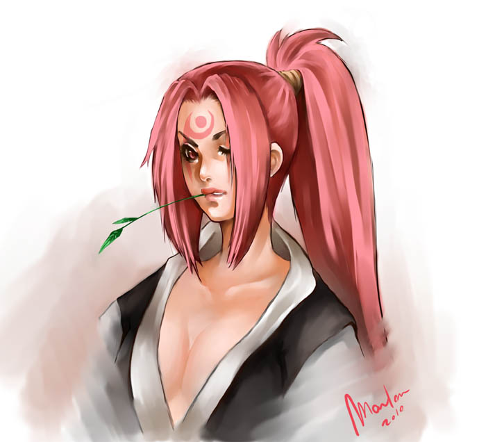1girl 2010 baiken breasts cleavage facial_tattoo guilty_gear japanese_clothes kimono large_breasts lips long_hair marlon_teunissen mouth_hold one-eyed pink_eyes pink_hair ponytail scar signature solo straw tattoo very_long_hair