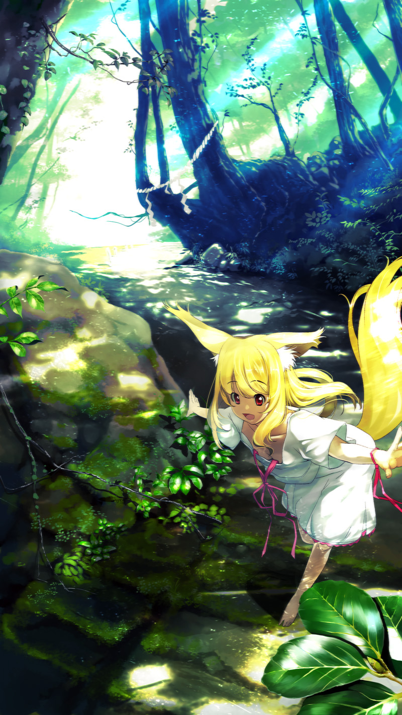 :d animal_ears barefoot blonde_hair bu-n down_blouse dress forest fox_ears fox_tail highres long_hair moss nature open_mouth original outstretched_arms red_eyes ribbon running scenery shimenawa smile solo spread_arms sunbeam sunlight tail tree tree_shade white_dress wrist_ribbon yuuji_(yukimimi)