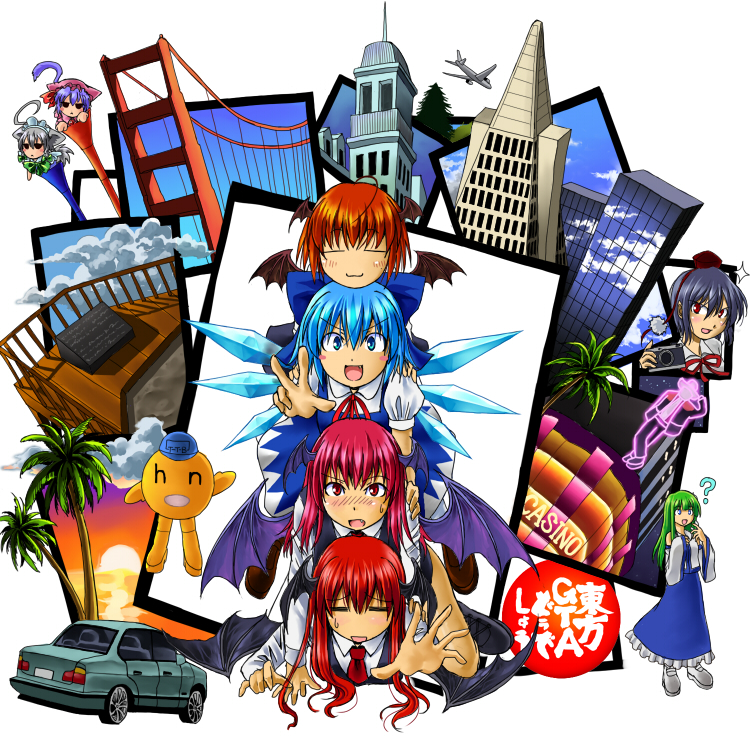 &gt;:) &gt;:d :3 :d =_= ? adult ahoge airplane alternate_hair_length alternate_hairstyle animal_ears ascot bat_wings blue_eyes blue_hair blush blush_stickers boots bow bridge building camera car casino character_request chibi child chin_on_head chin_rest cirno city closed_eyes cloud clouds collage commentary_request cross-laced_footwear detached_sleeves dog_ears dog_tail dress_shirt empty_eyes eyes_closed fang flat_gaze foreshortening glint golden_gate_bridge grand_theft_auto green_hair hair_bow hand_on_own_chest hat head_wings holding horn_(instrument) huge_ahoge human_tower inu_sakuya izayoi_sakuya japanese_clothes koakuma kochiya_sanae landmark large_bow long_hair miko motor_vehicle multiple_girls multiple_persona necktie neon_lights odd_one_out open_mouth outstretched_arm outstretched_hand palm_tree photo_(object) pine_tree pyramid raised_eyebrow red_eyes red_hair redhead reflection remilia_scarlet schrdngr shameimaru_aya shirt shoes short_hair short_sleeves sitting sitting_on_person skirt skirt_set sky skyline skyscraper smile solid_circle_eyes stacking sun sunset sweatdrop tail tokin_hat touhou transamerica tree v vehicle vest vuvuzela water white_shirt wings