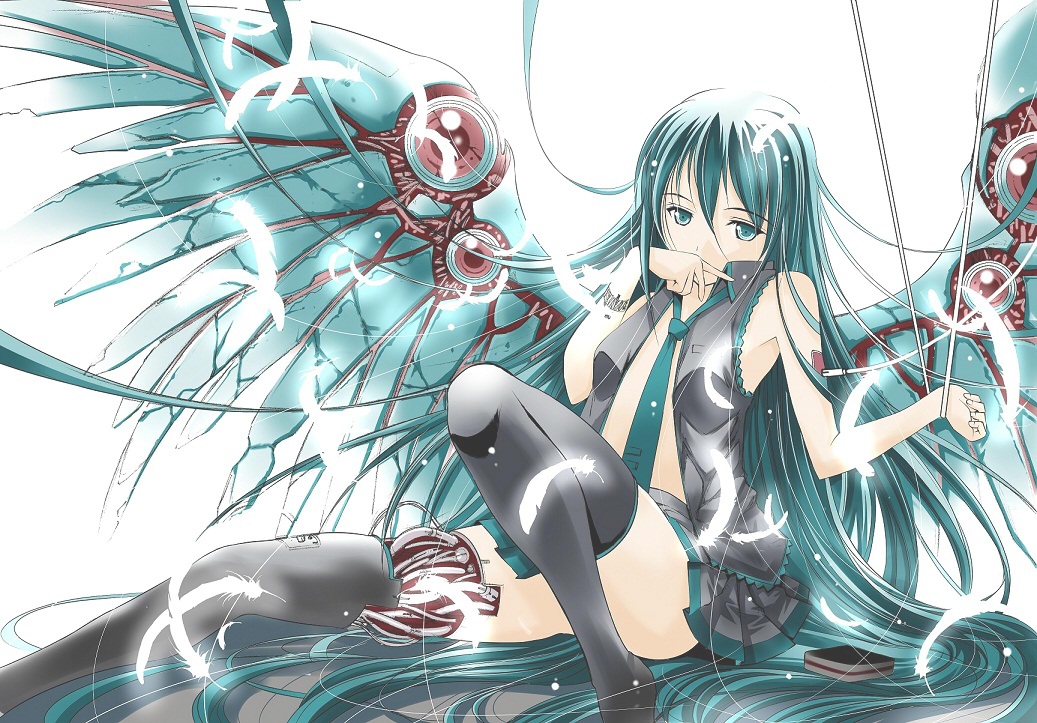 android feathers green_eyes green_hair hair_down hatsune_miku long_hair mechanical_wings moonsorrow necktie open_clothes open_shirt simple_background sitting skirt solo thigh-highs thighhighs very_long_hair vocaloid white_background wings